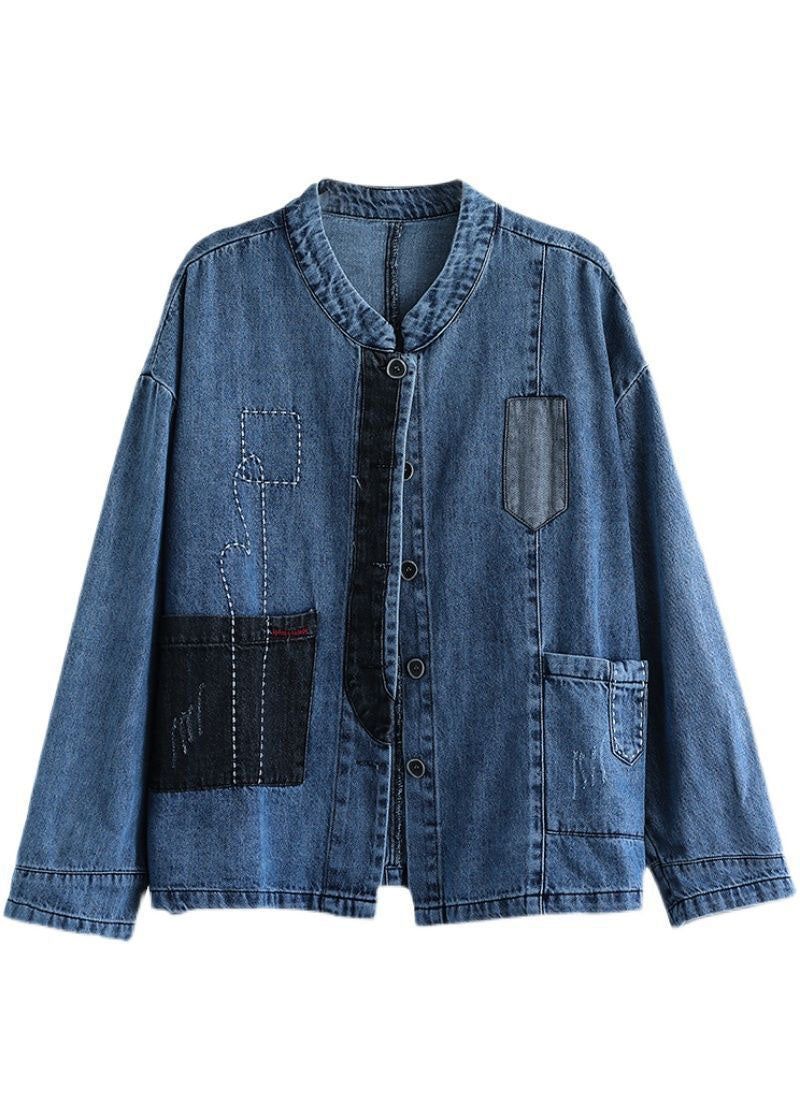 Casual Blauwe Opstaande Kraag Patchwork Knoop Denim Jassen Lente - Dames winterjassen