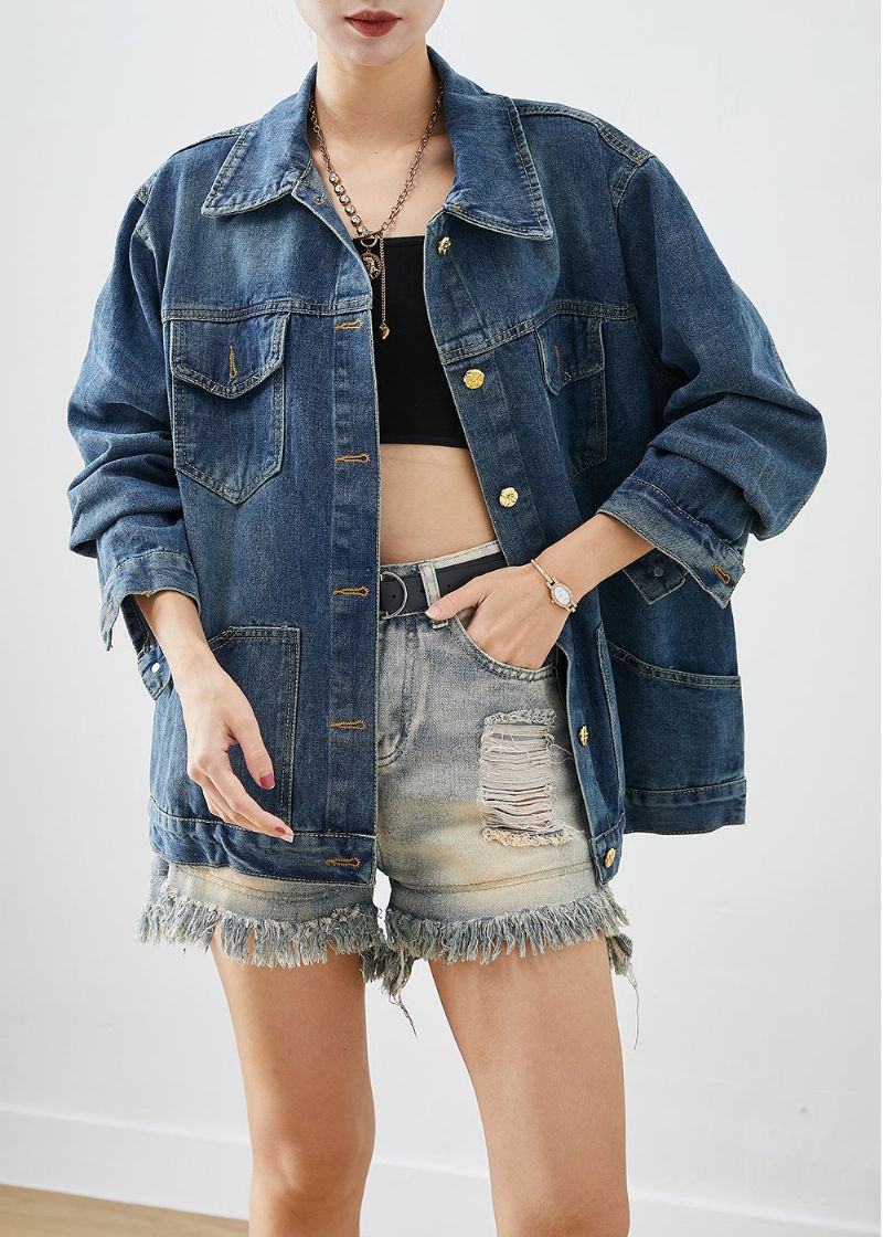 Casual Blauwe Oversized Denimjassen Met Patchwork Herfst