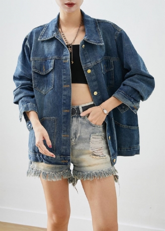 Casual Blauwe Oversized Denimjassen Met Patchwork Herfst