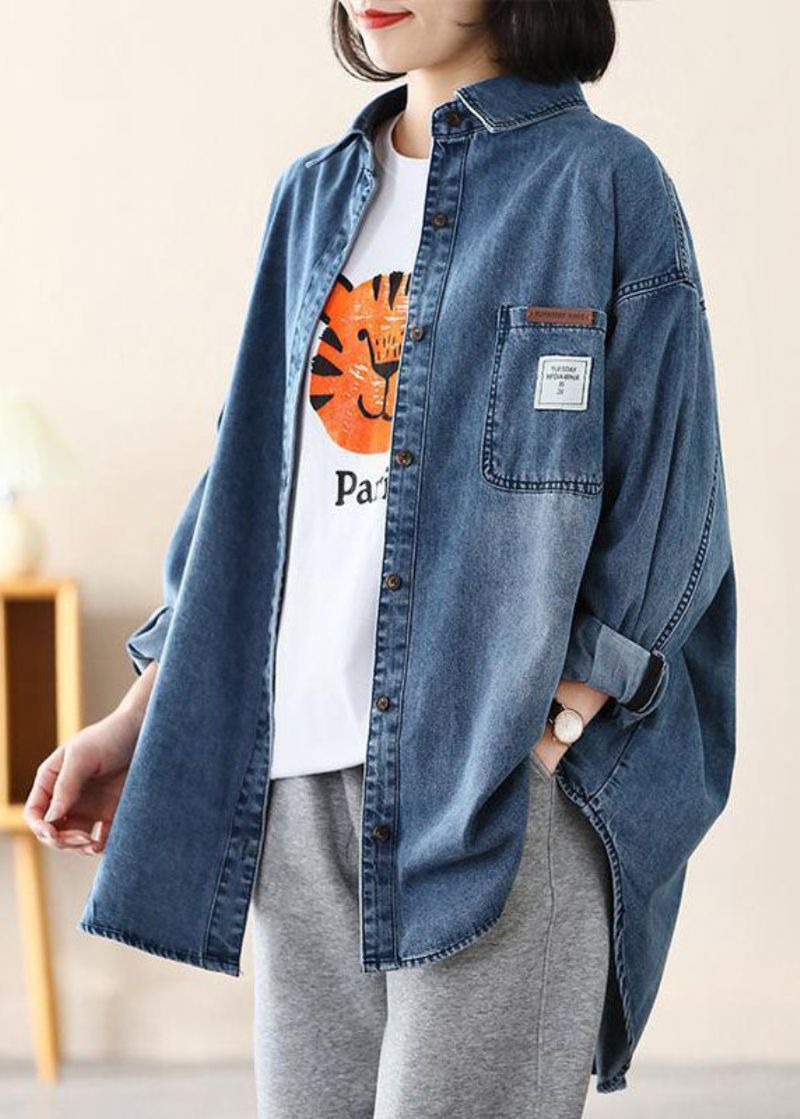 Casual Blauwe Peter Pan-kraag Oversized Stoffen Katoenen Denimjas Lente - Dames winterjassen