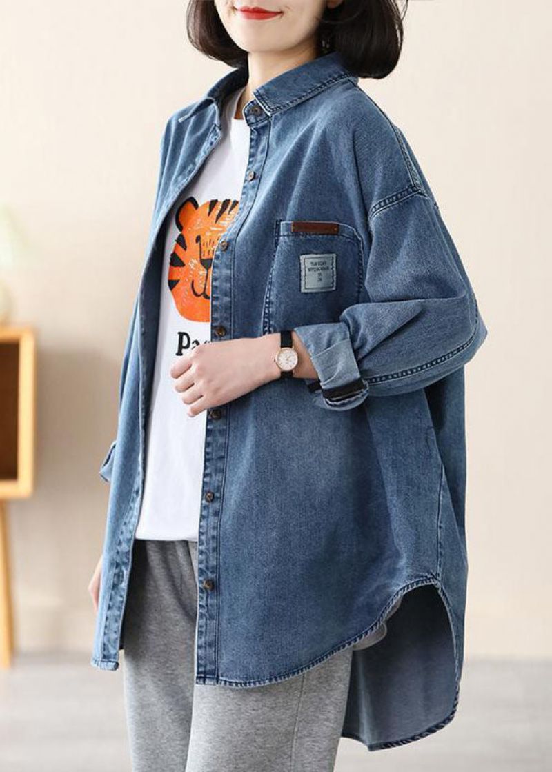 Casual Blauwe Peter Pan-kraag Oversized Stoffen Katoenen Denimjas Lente - Dames winterjassen