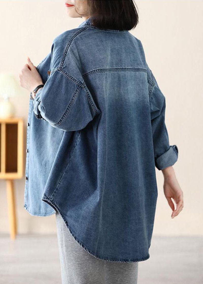 Casual Blauwe Peter Pan-kraag Oversized Stoffen Katoenen Denimjas Lente - Dames winterjassen