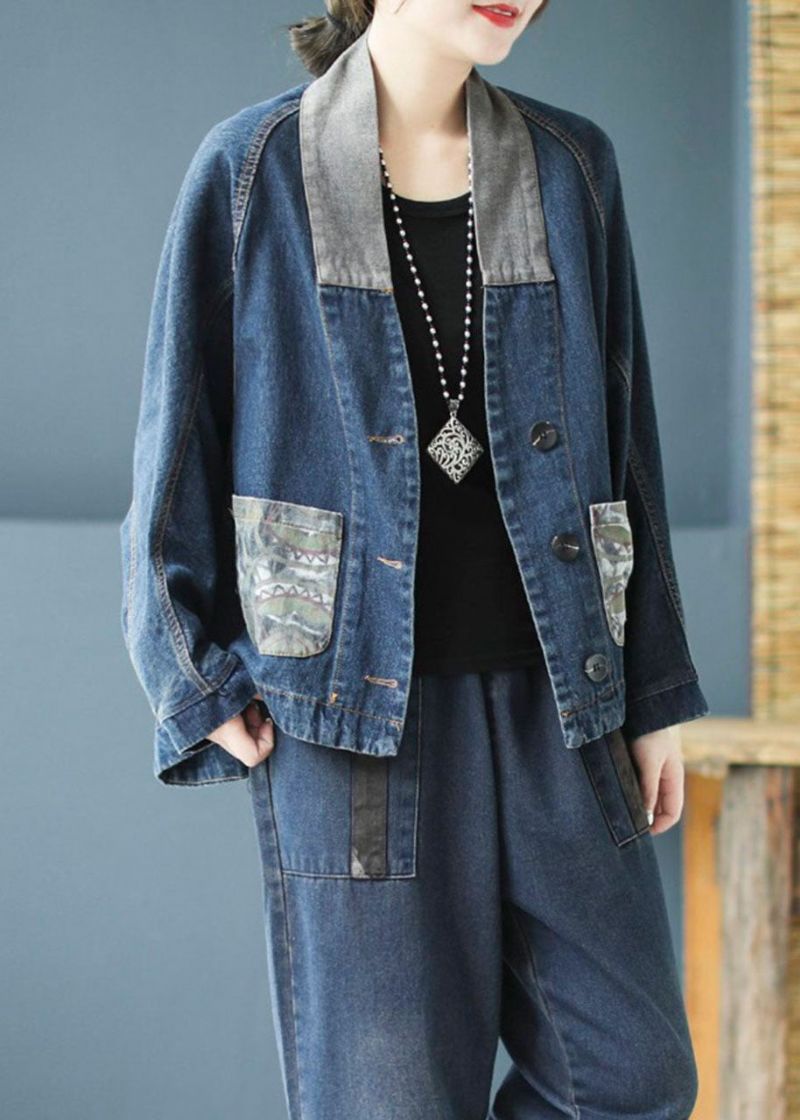 Casual Blauwe Zakken Knop Patchwork Print Herfst Denim Jas Met Lange Mouwen