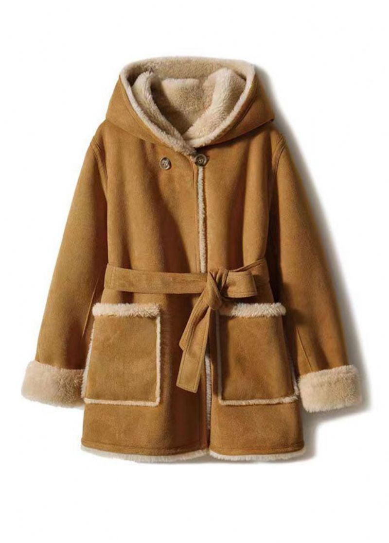 Casual Camel Patchwork Sjerpen Warme Fleece Wollen Gemengde Jas Met Capuchon Winter - Chocolade