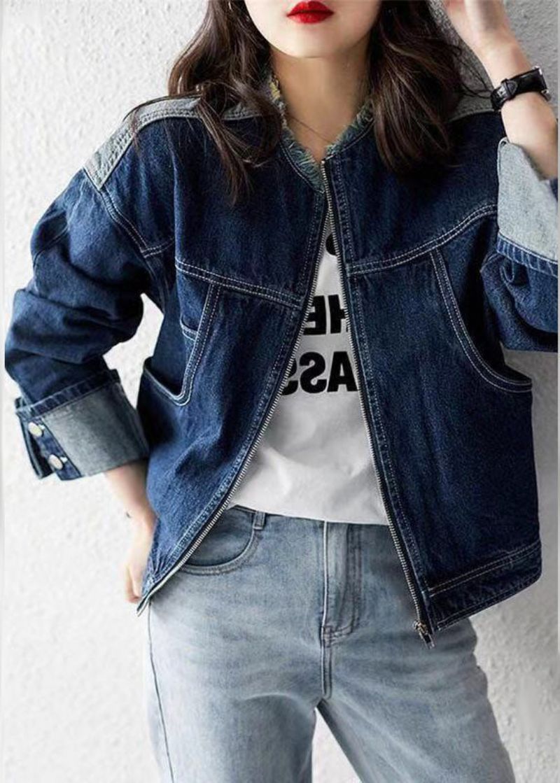 Casual Denimblauwe Patchworkjas Met O-hals En Lange Mouwen Met Ritssluiting