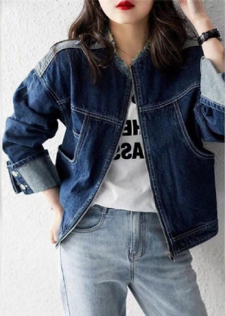 Casual Denimblauwe Patchworkjas Met O-hals En Lange Mouwen Met Ritssluiting