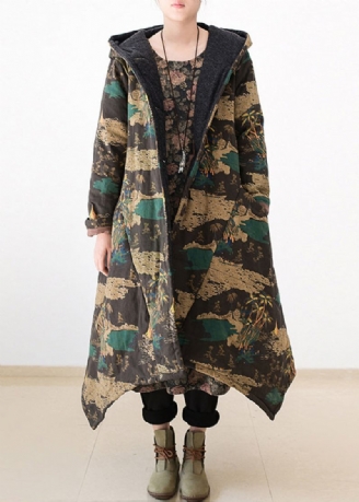 Casual Gele Print Warme Dikke Lange Parka-jassen Met Capuchon Winter