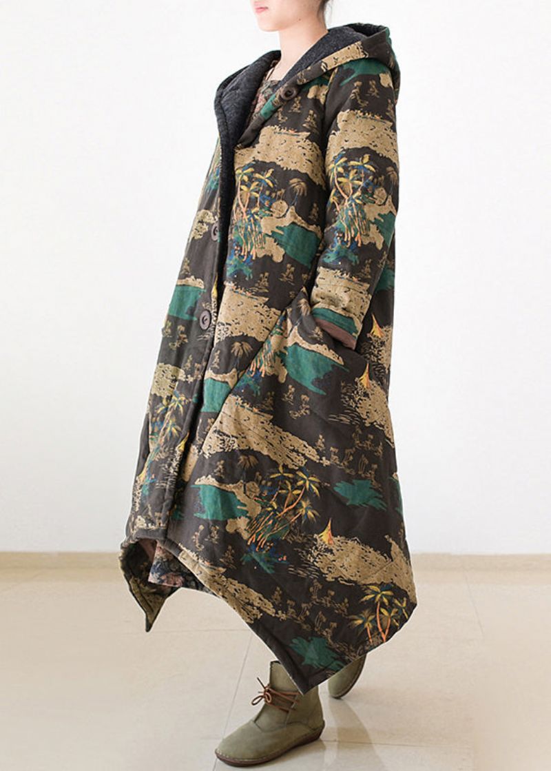 Casual Gele Print Warme Dikke Lange Parka-jassen Met Capuchon Winter - Geel