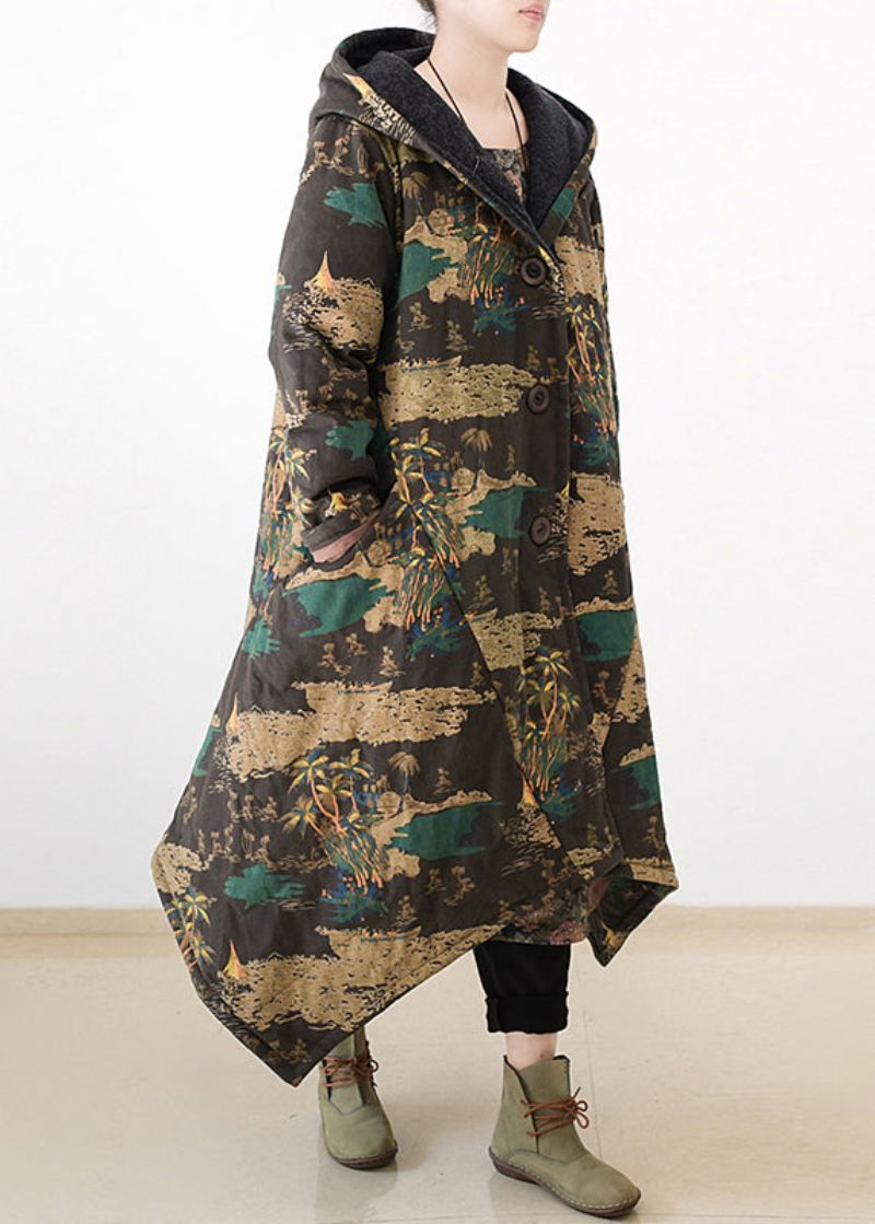 Casual Gele Print Warme Dikke Lange Parka-jassen Met Capuchon Winter - Geel