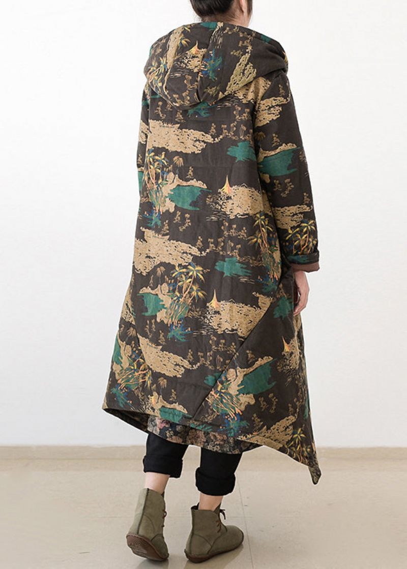 Casual Gele Print Warme Dikke Lange Parka-jassen Met Capuchon Winter - Geel