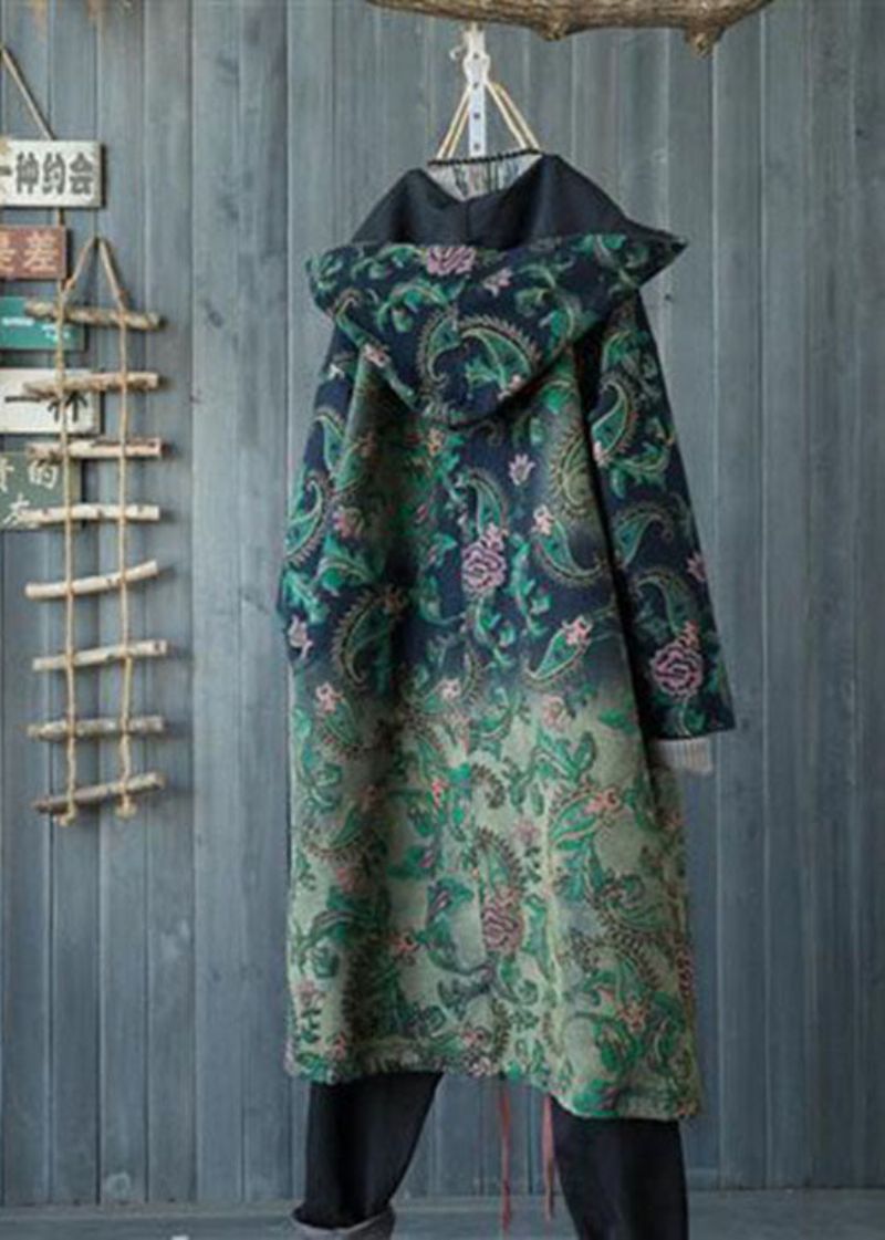 Casual Groene Kleurverloop Met Capuchon Zakken Met Print Katoenen Denim Geul Lente - Dames winterjassen