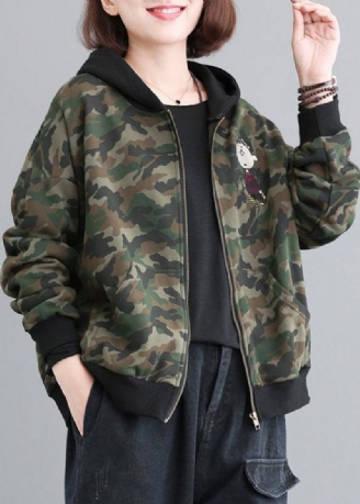 Casual Groene Patchwork Camouflage Katoenen Hoodies Met Ritssluiting Uitloper Herfst