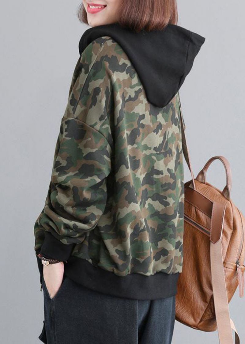 Casual Groene Patchwork Camouflage Katoenen Hoodies Met Ritssluiting Uitloper Herfst - Dames winterjassen