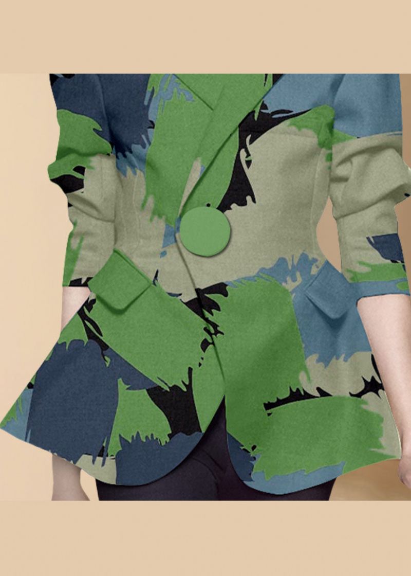 Casual Groene Peter Pan-kraag Met Knoop En Print Westerse Kledingjas Met Lange Mouwen - Dames winterjassen