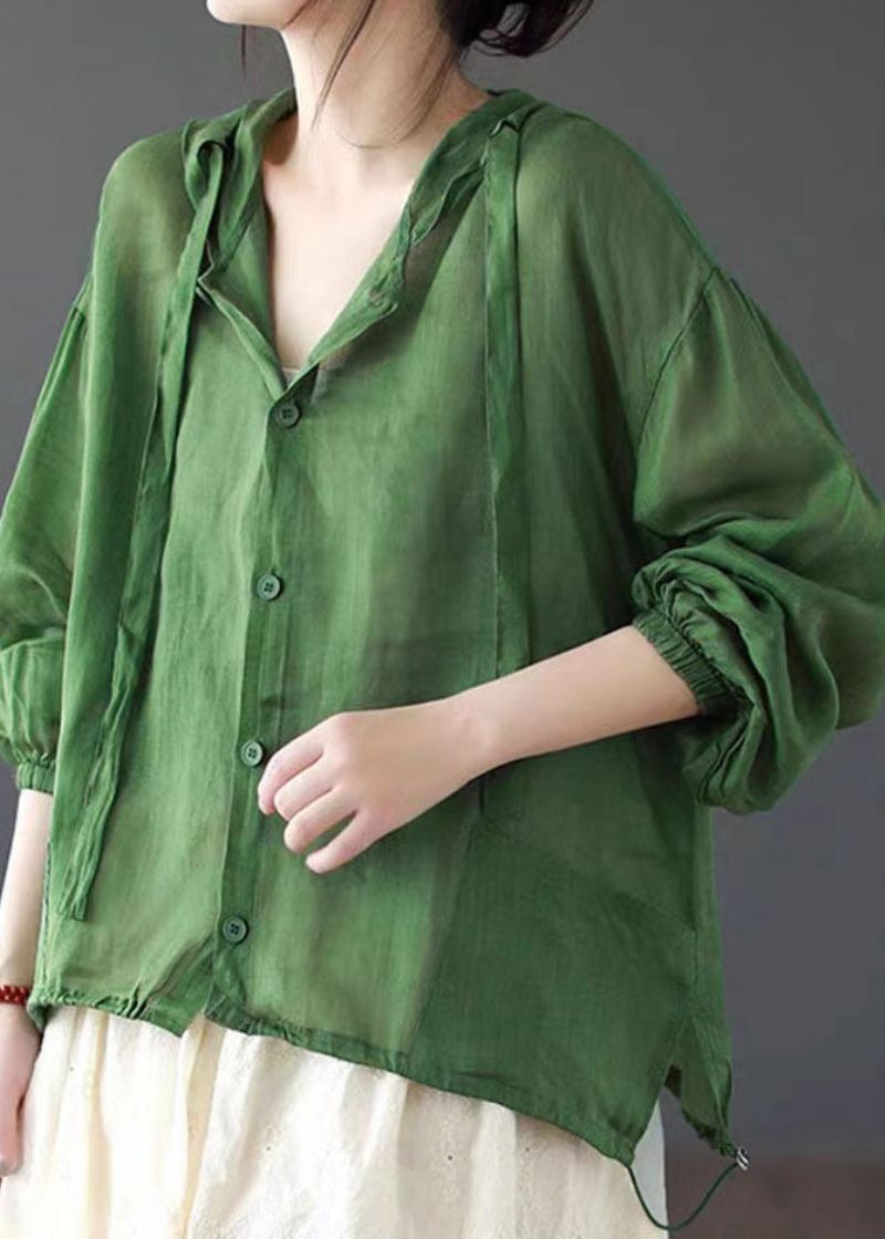 Casual Groene Zakken Met Capuchon Patchwork Linnen Dunne Jas Zomer - Dames winterjassen