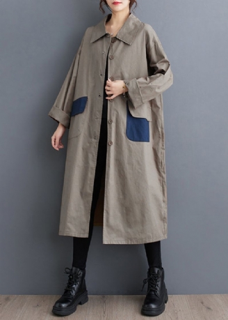 Casual Kaki Peter Pan-kraag Zakken Katoenen Trenchcoat