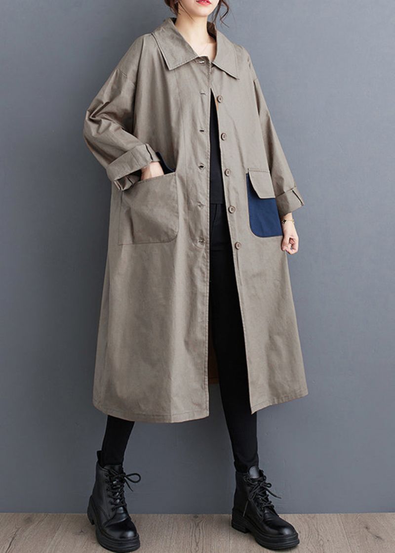 Casual Kaki Peter Pan-kraag Zakken Katoenen Trenchcoat - Dames winterjassen