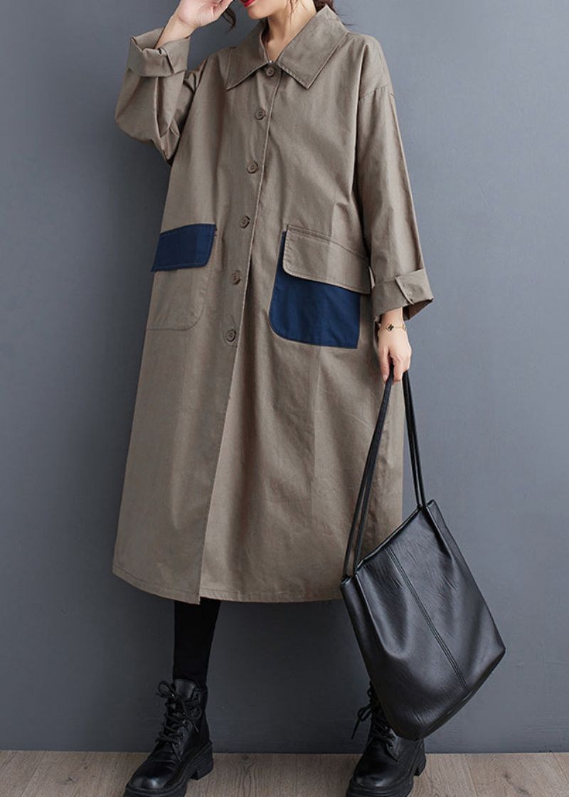 Casual Kaki Peter Pan-kraag Zakken Katoenen Trenchcoat - Dames winterjassen