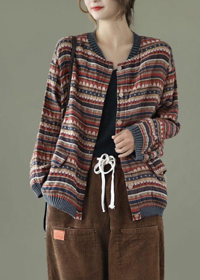 Casual Koffie Gestreepte Zakken Patchwork Katoenen Jas Herfst - Dames winterjassen