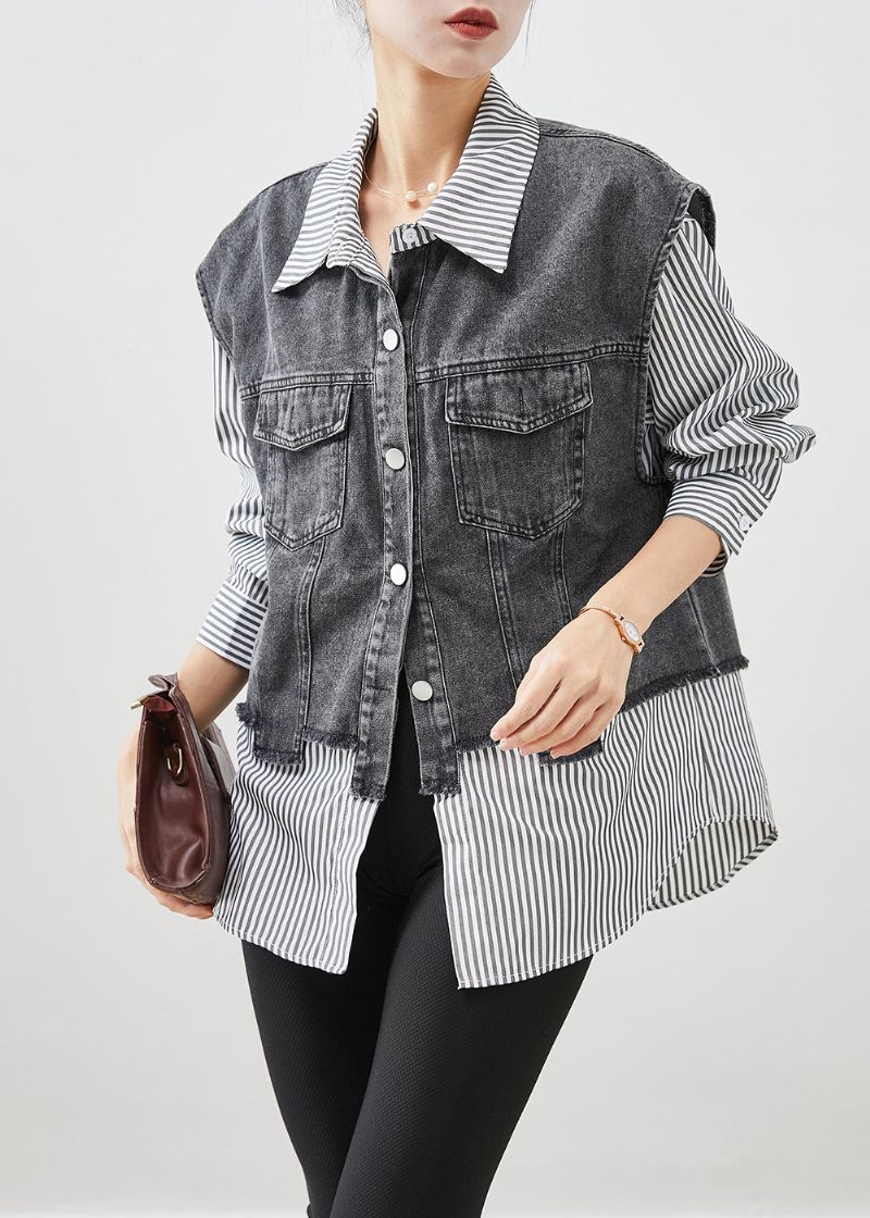 Casual Zwart Gestreepte Patchwork Denim Jas Uitloper Herfst