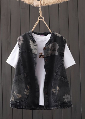 Casual Zwart O-hals Print Zakken Knoop Denim Vest Mouwloos