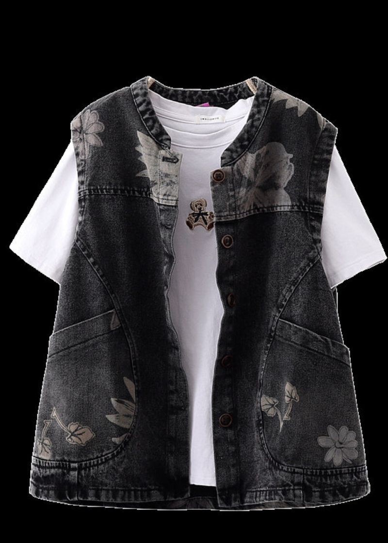 Casual Zwart O-hals Print Zakken Knoop Denim Vest Mouwloos - Dames winterjassen