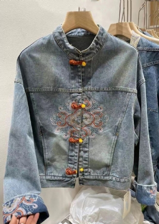 Chinese Stijl Blauw Geborduurde Knoop Denim Jas Lente