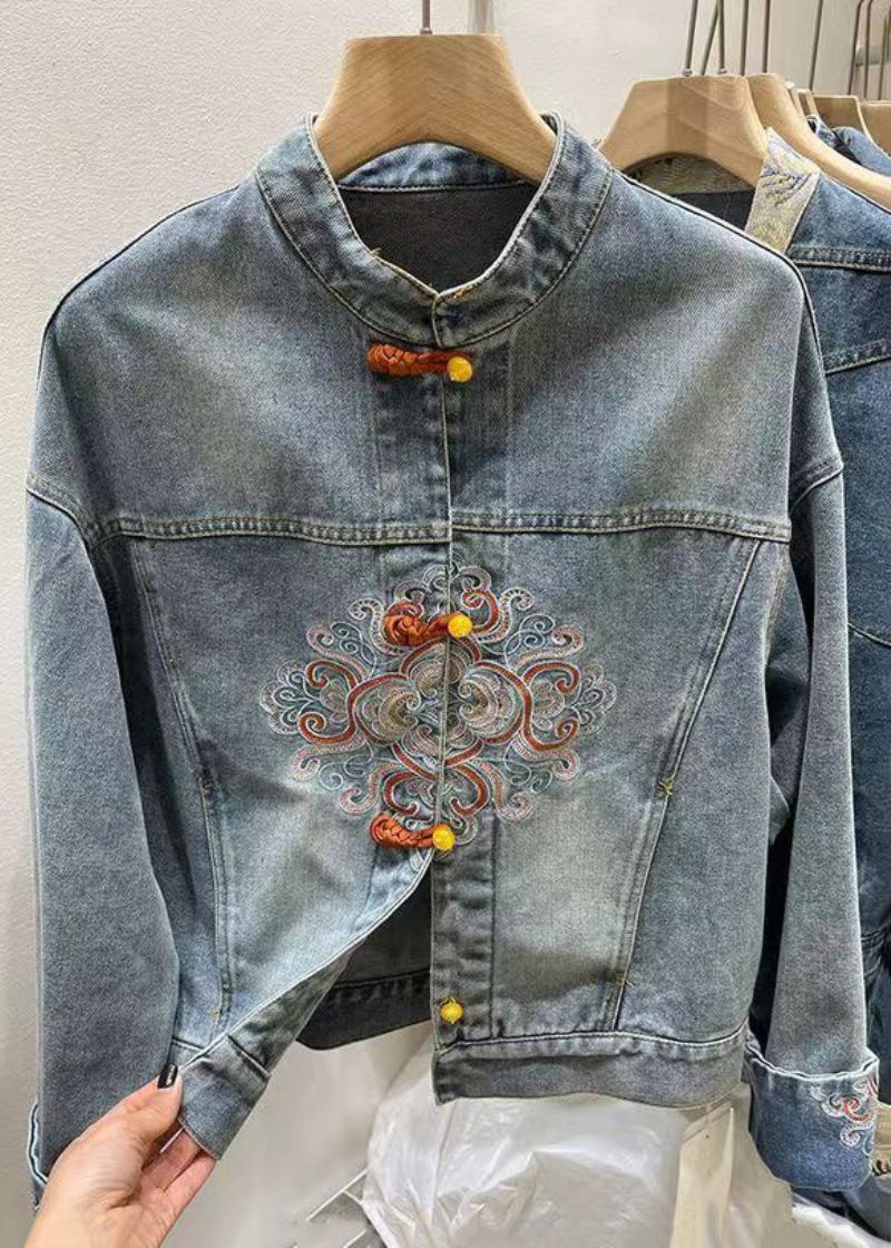 Chinese Stijl Blauw Geborduurde Knoop Denim Jas Lente - Dames winterjassen