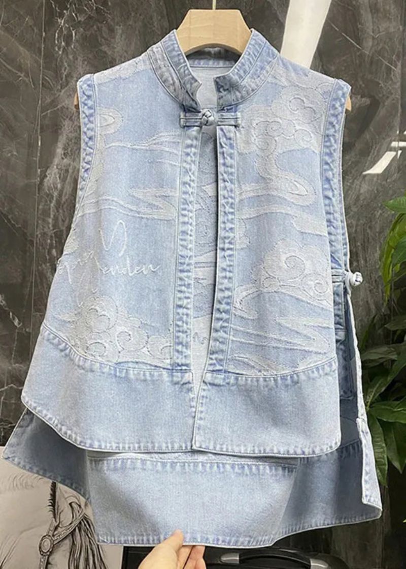 Chinese Stijl Blauwe Opstaande Kraag Print Patchwork Laag Hoog Design Denim Gilet Zomer