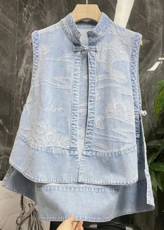 Chinese Stijl Blauwe Opstaande Kraag Print Patchwork Laag Hoog Design Denim Gilet Zomer