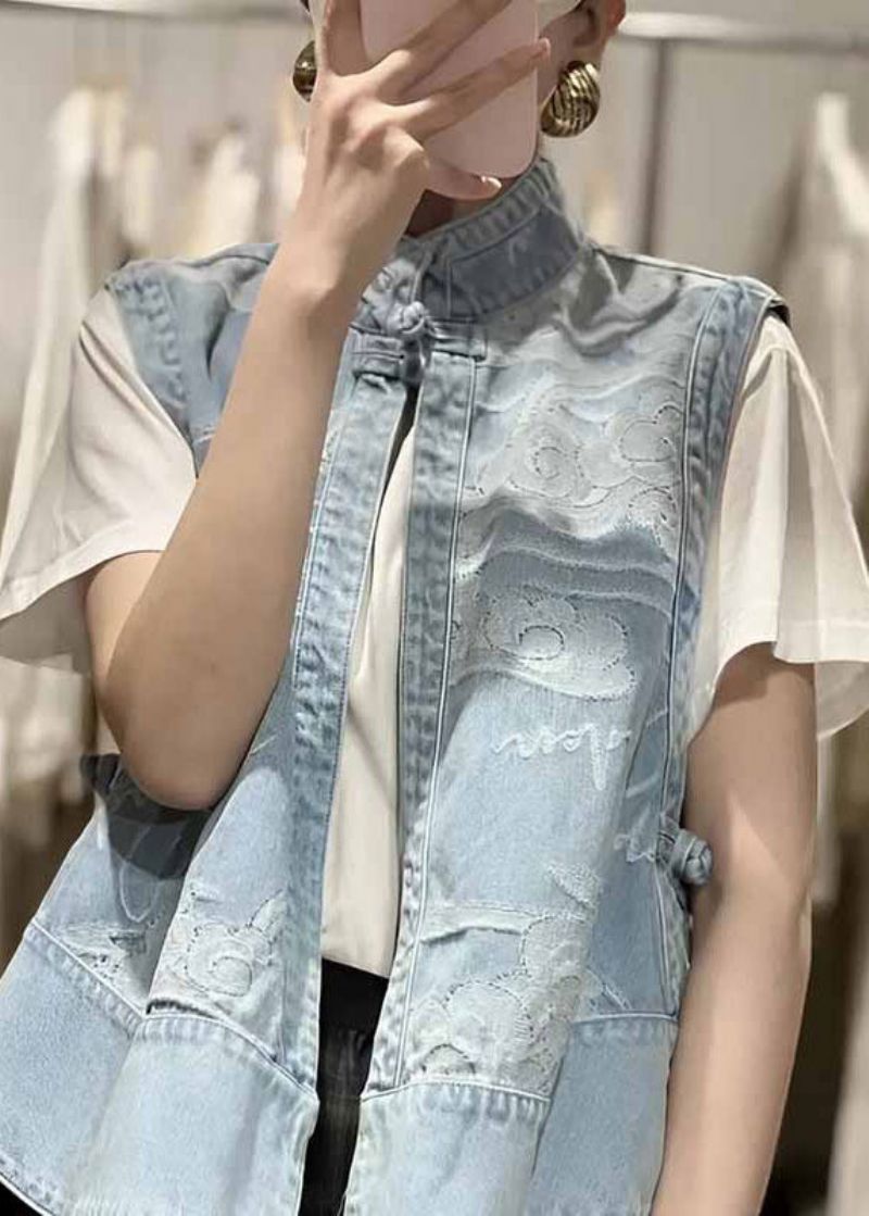 Chinese Stijl Blauwe Opstaande Kraag Print Patchwork Laag Hoog Design Denim Gilet Zomer - Dames winterjassen