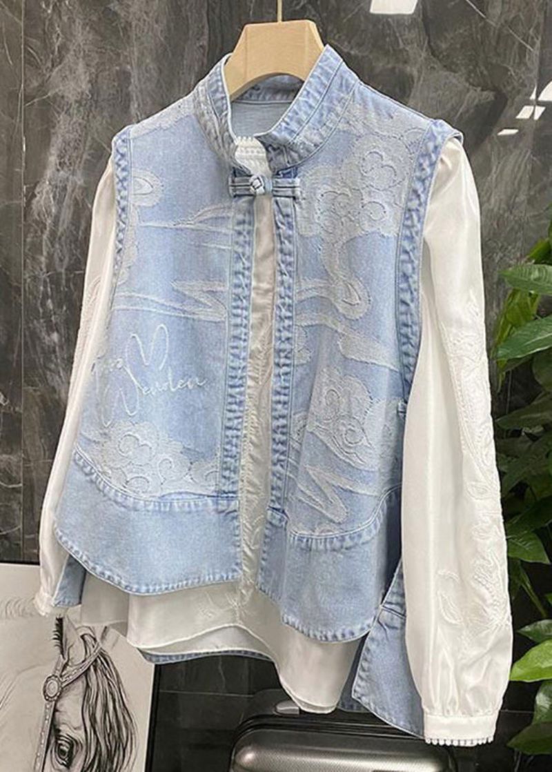 Chinese Stijl Blauwe Opstaande Kraag Print Patchwork Laag Hoog Design Denim Gilet Zomer - Dames winterjassen