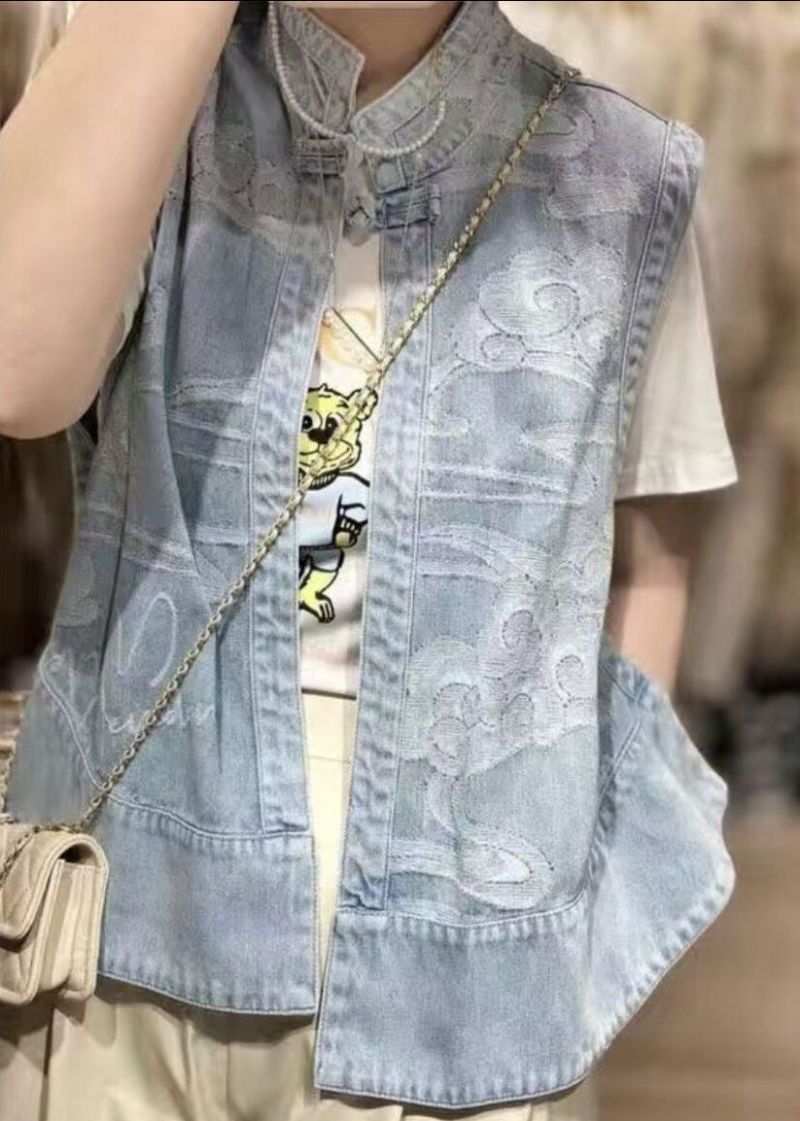 Chinese Stijl Blauwe Opstaande Kraag Print Patchwork Laag Hoog Design Denim Gilet Zomer - Dames winterjassen