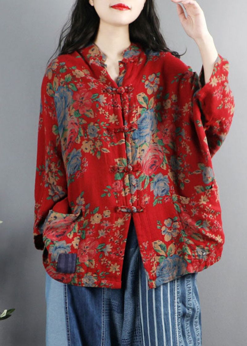 Chinese Stijl Bruin-pompoenprint Zakken Knoop Patchwork Katoenen Jassen Met Lange Mouwen - Dames winterjassen