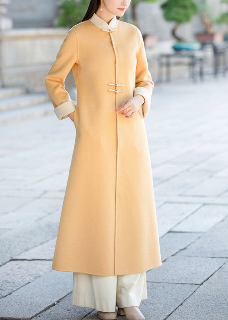 Chinese Stijl Gele Opstaande Kraag Zakken Wollen Trenchcoat Winter - Dames winterjassen