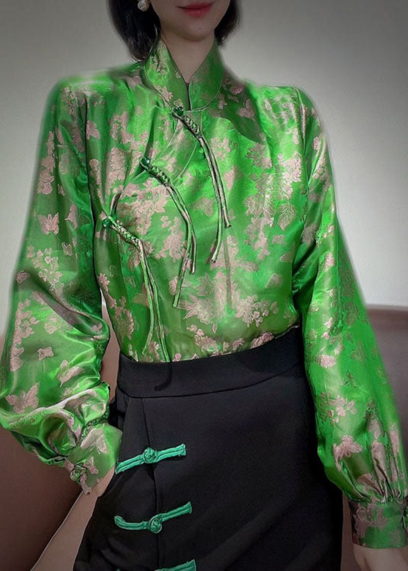 Chinese Stijl Groene Knop Standaard Kraag Jacquard Zijden Jassen Lente - Dames winterjassen