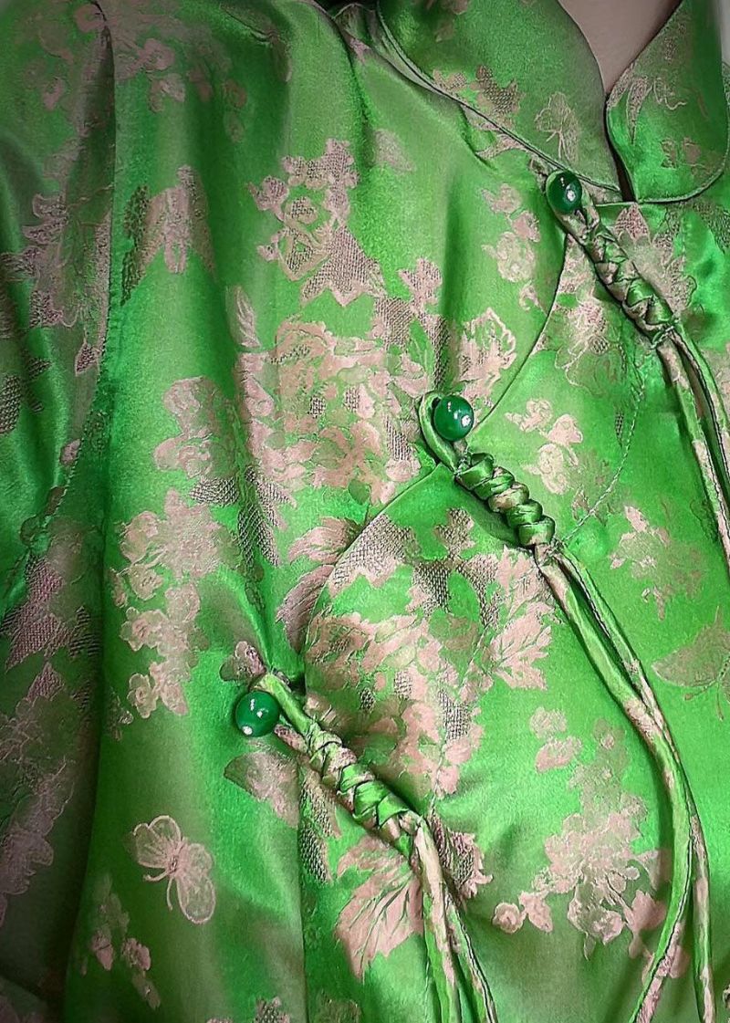 Chinese Stijl Groene Knop Standaard Kraag Jacquard Zijden Jassen Lente - Dames winterjassen