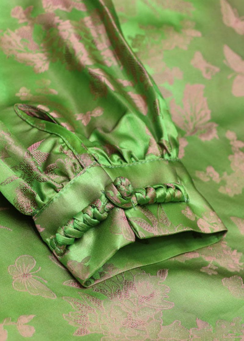 Chinese Stijl Groene Knop Standaard Kraag Jacquard Zijden Jassen Lente - Dames winterjassen