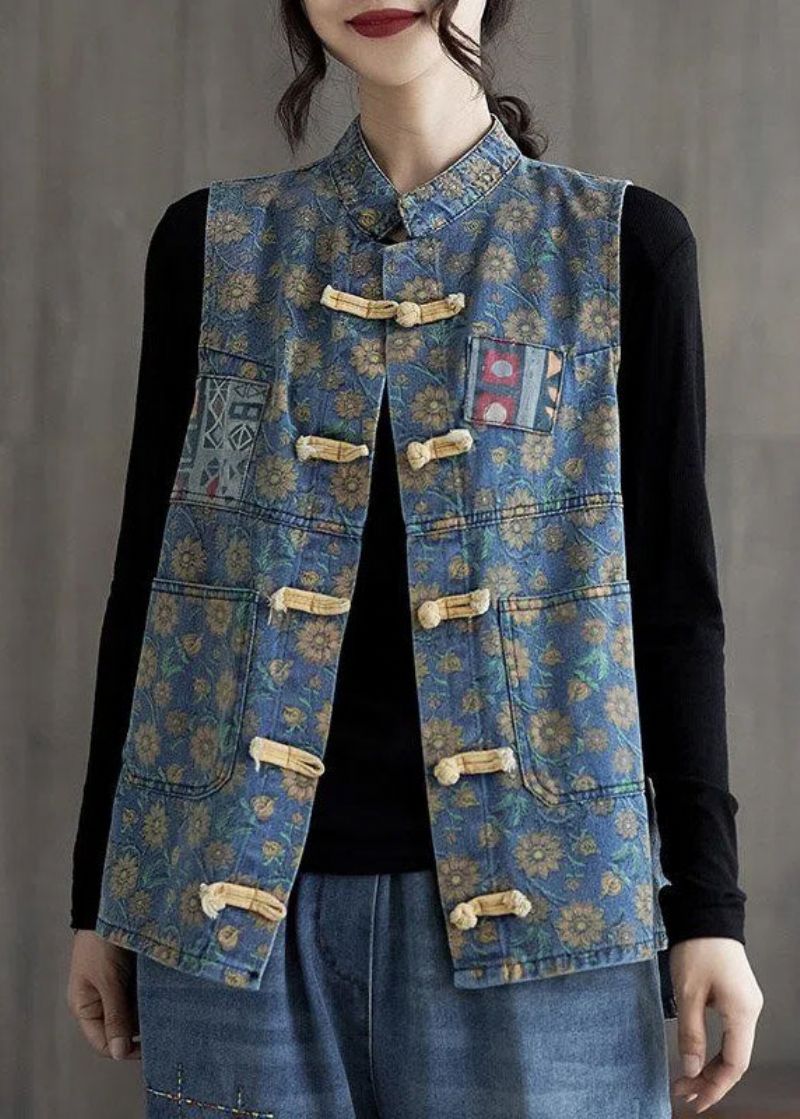 Chinese Stijl Lichtblauwe Print Knoop Denim Jassen Mouwloos