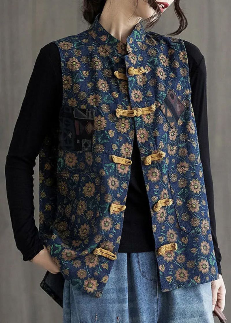 Chinese Stijl Lichtblauwe Print Knoop Denim Jassen Mouwloos - Lichtblauw