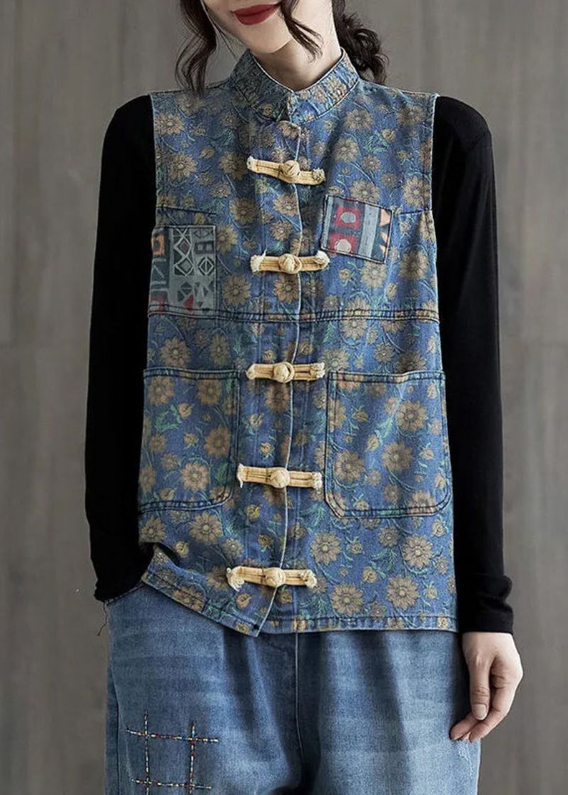 Chinese Stijl Lichtblauwe Print Knoop Denim Jassen Mouwloos - Lichtblauw