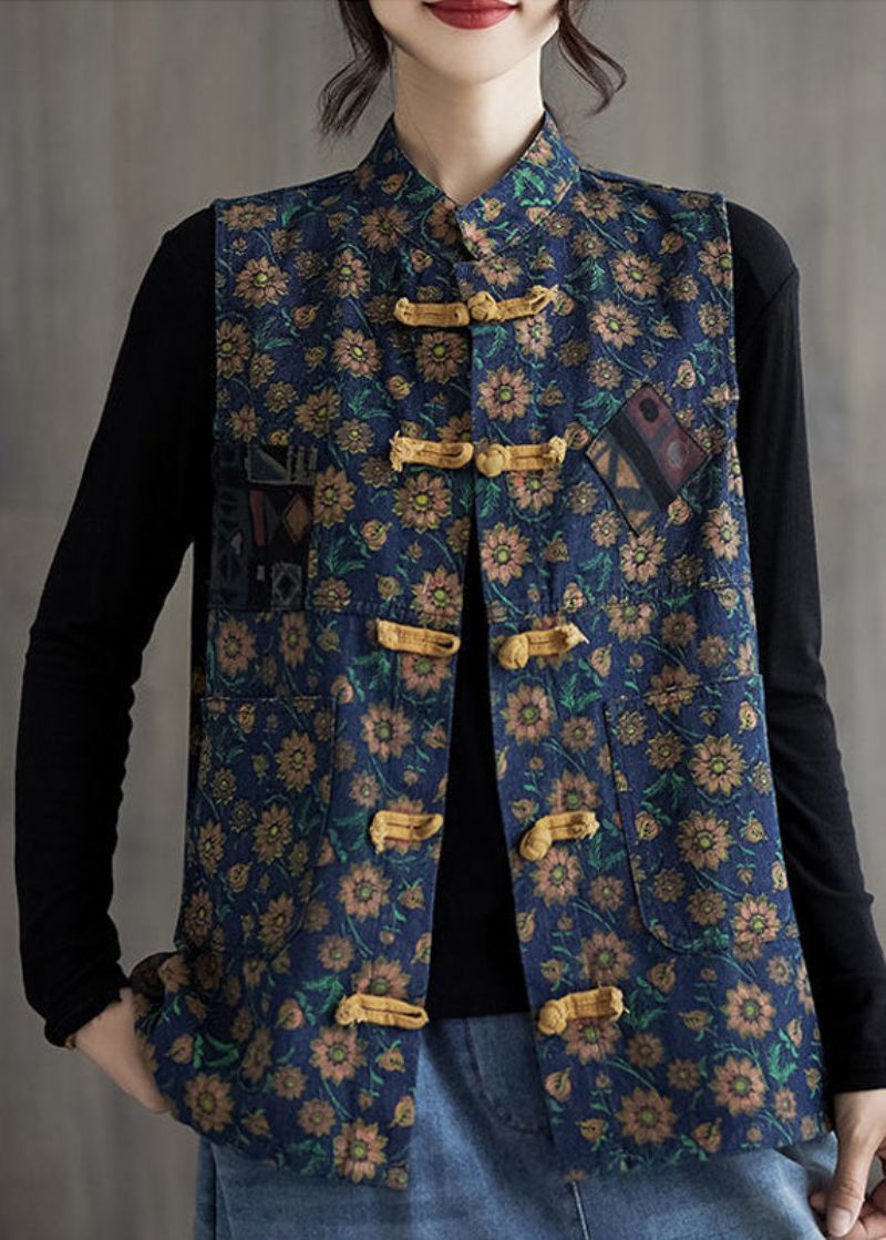 Chinese Stijl Lichtblauwe Print Knoop Denim Jassen Mouwloos - Lichtblauw