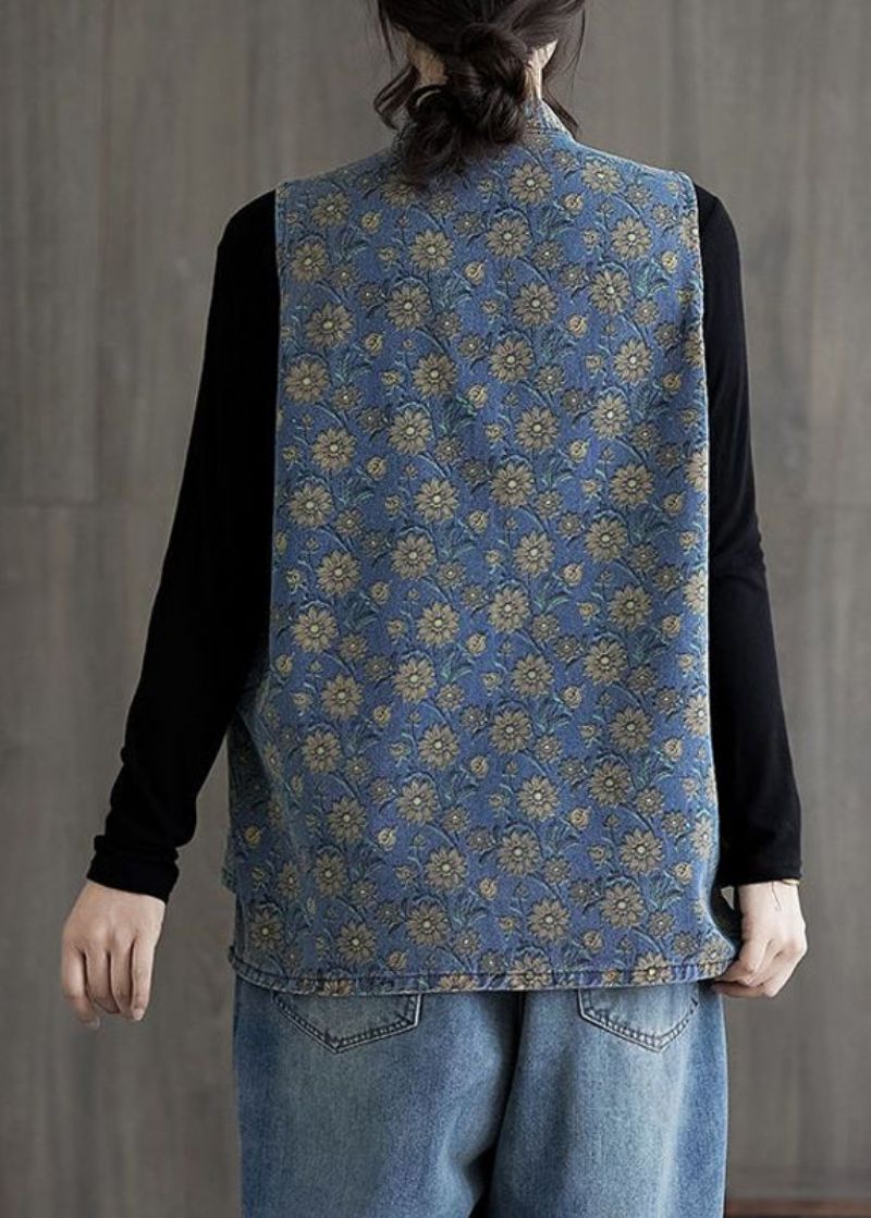 Chinese Stijl Lichtblauwe Print Knoop Denim Jassen Mouwloos - Lichtblauw