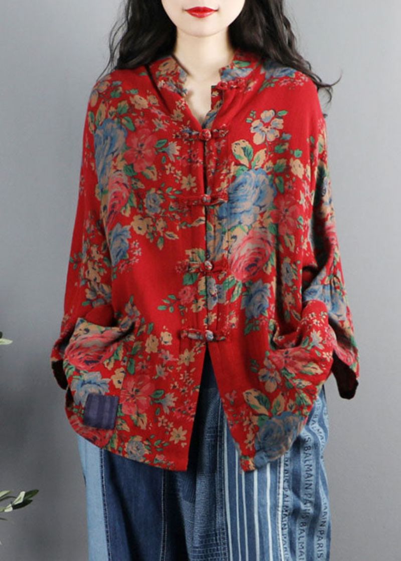 Chinese Stijl Paarse Print Zakken Knoop Patchwork Katoenen Jassen Met Lange Mouwen - Dames winterjassen