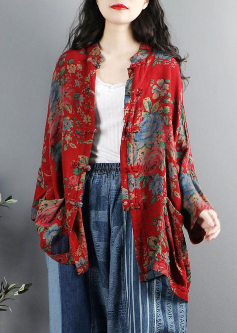 Chinese Stijl Paarse Print Zakken Knoop Patchwork Katoenen Jassen Met Lange Mouwen - Dames winterjassen