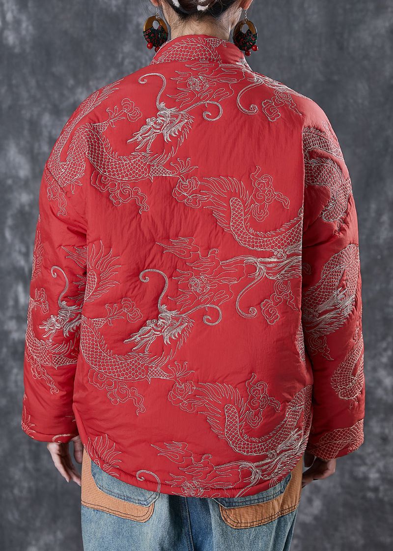 Chinese Stijl Rood Geborduurd Patchwork Fijne Katoenen Gevulde Jassen Winter - Dames winterjassen