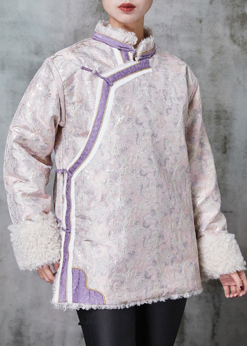 Chinese Stijl Roze Jacquard Fleece Wol Gevoerde Jassen Lente - Dames winterjassen