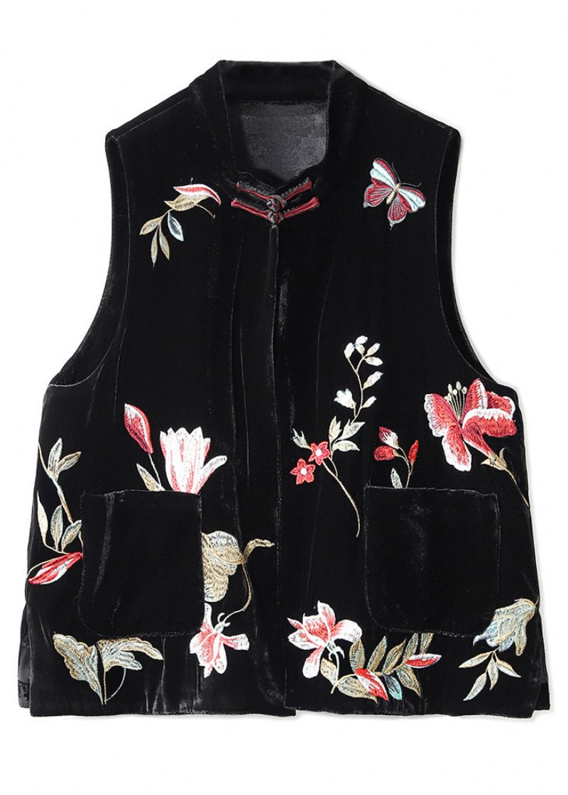 Chinese Stijl Zwart Geborduurde Zakken Zijden Velours Gilet Herfst - Dames winterjassen