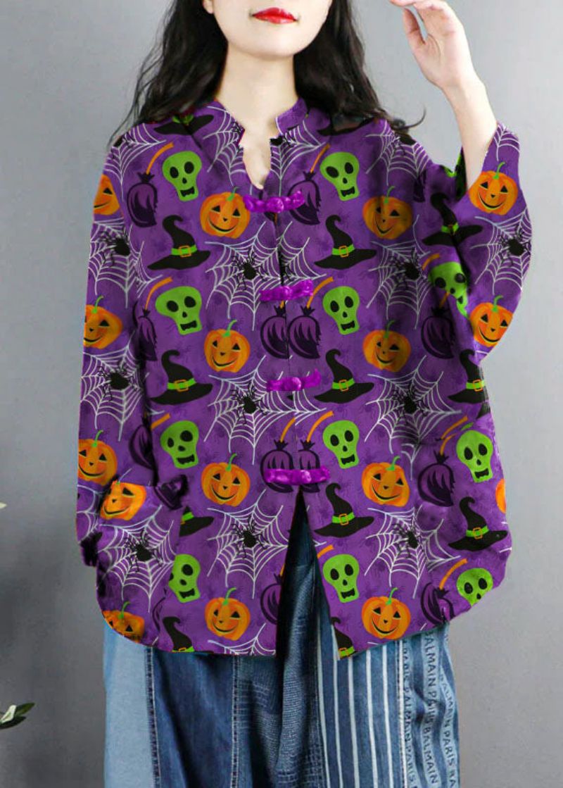 Chinese Stijl Zwart-spookprint Zakken Knop Patchwork Katoenen Jassen Met Lange Mouwen - Dames winterjassen