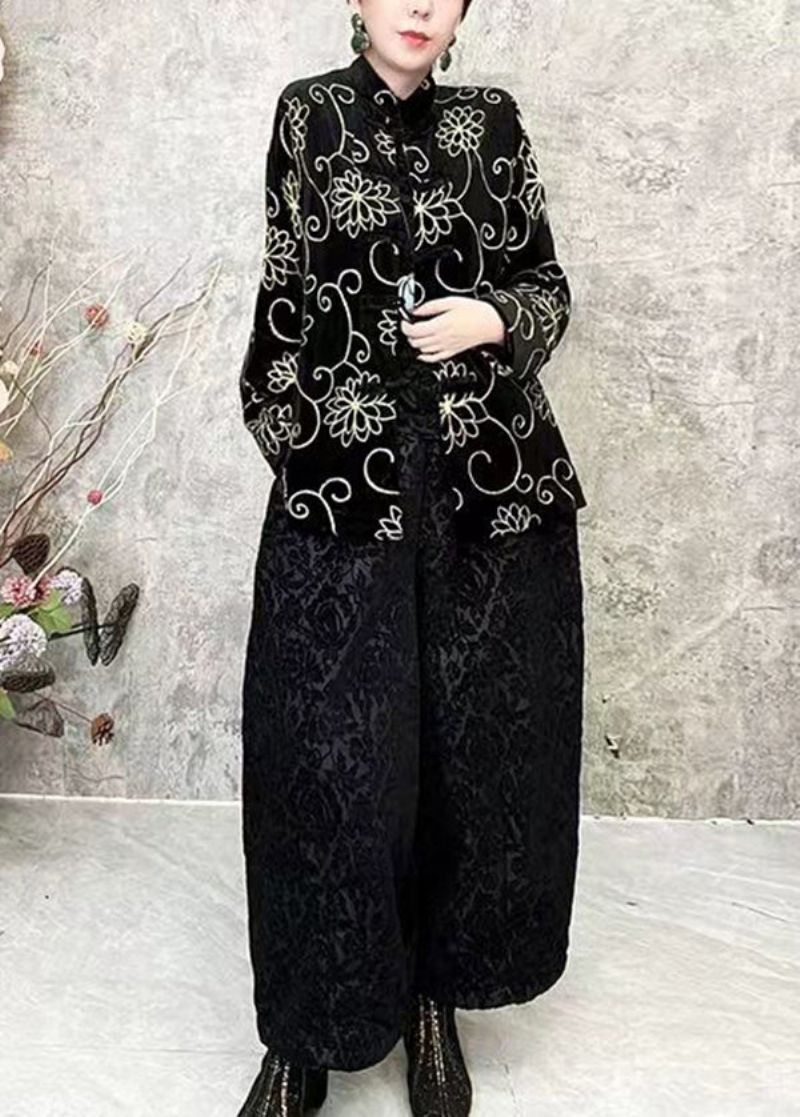 Chinese Stijl Zwarte O-hals Bloemen Velours Korte Jas Lente - Dames winterjassen